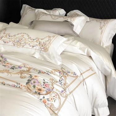 Luxury White Floral European Palace Princess Embroidered Duvet Cover, 1000TC Egyptian Cotton Bedding Set